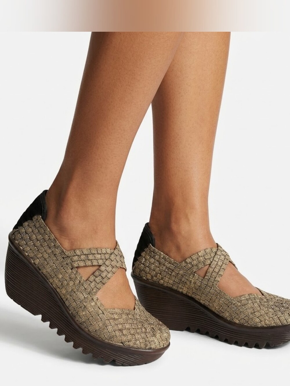 Bernie Mev Wedge Pumps Women Sz 39 Gold Metallic Woven Mary Jane Metallic Boho
